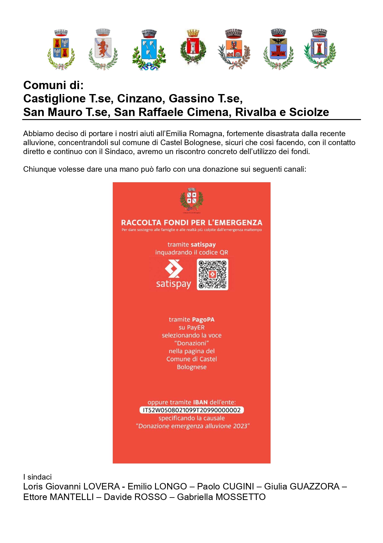 comunicazione di: Castiglione T.se, Cinzano, Gassino T.se, San Mauro T.se, San Raffaele Cimena, Rivalba e Sciolze, con tutti gli stemmi