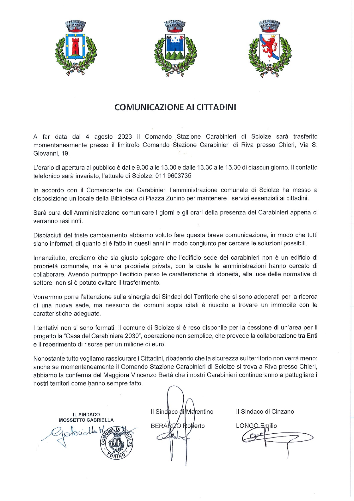 comunicazione ai cittadini con tre loghi di tre Comuni tra cui quello di Sciolze