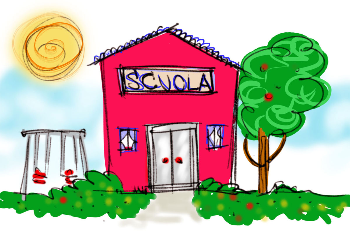disegno di una scuola rosa su un prato, con un albero e un'altalena