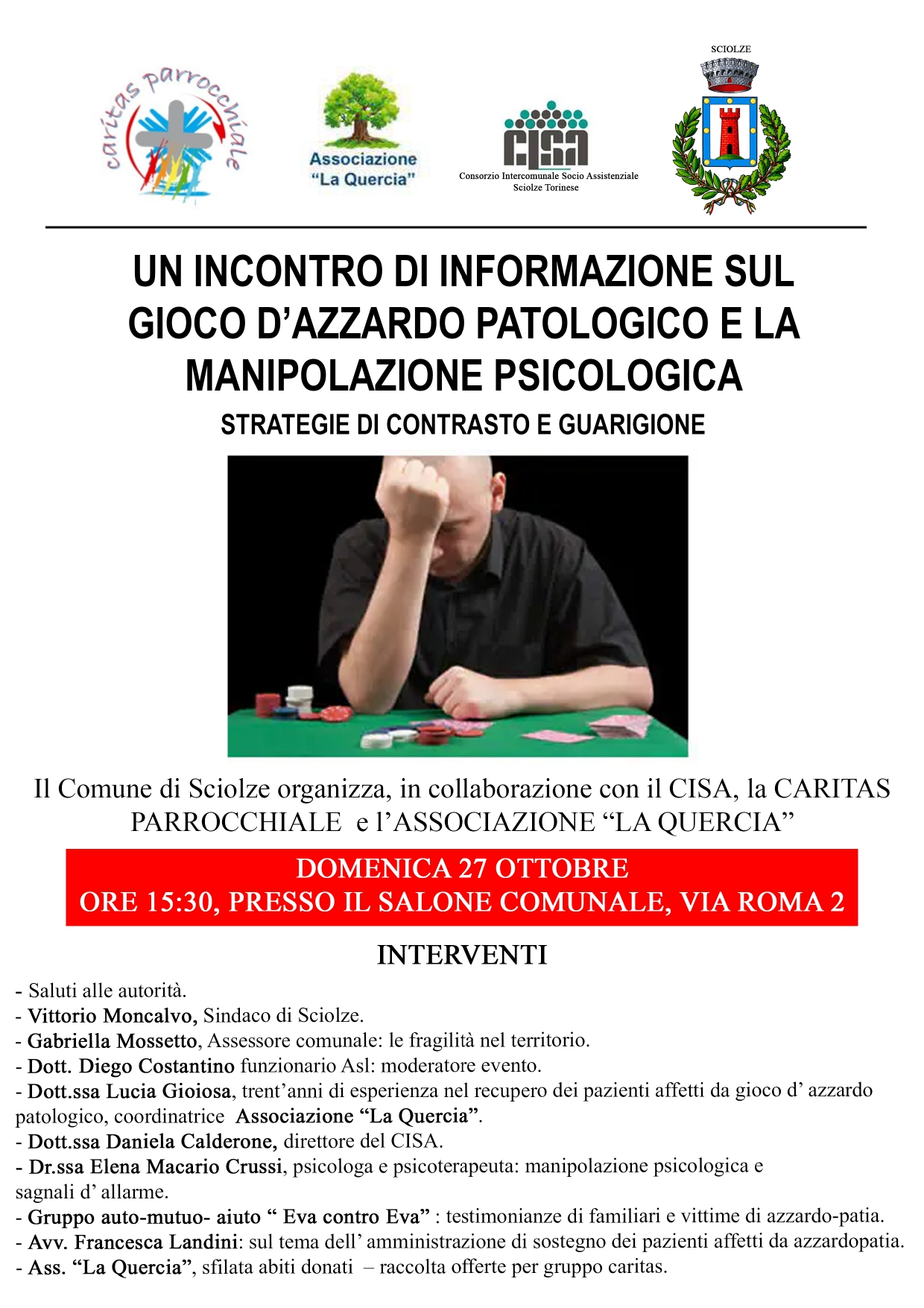locandina con il titolo "Un incontro di informazione sul gioco d'azzardo patologico e la manipolazione psicologica - strategie di contrasto e guarigione"