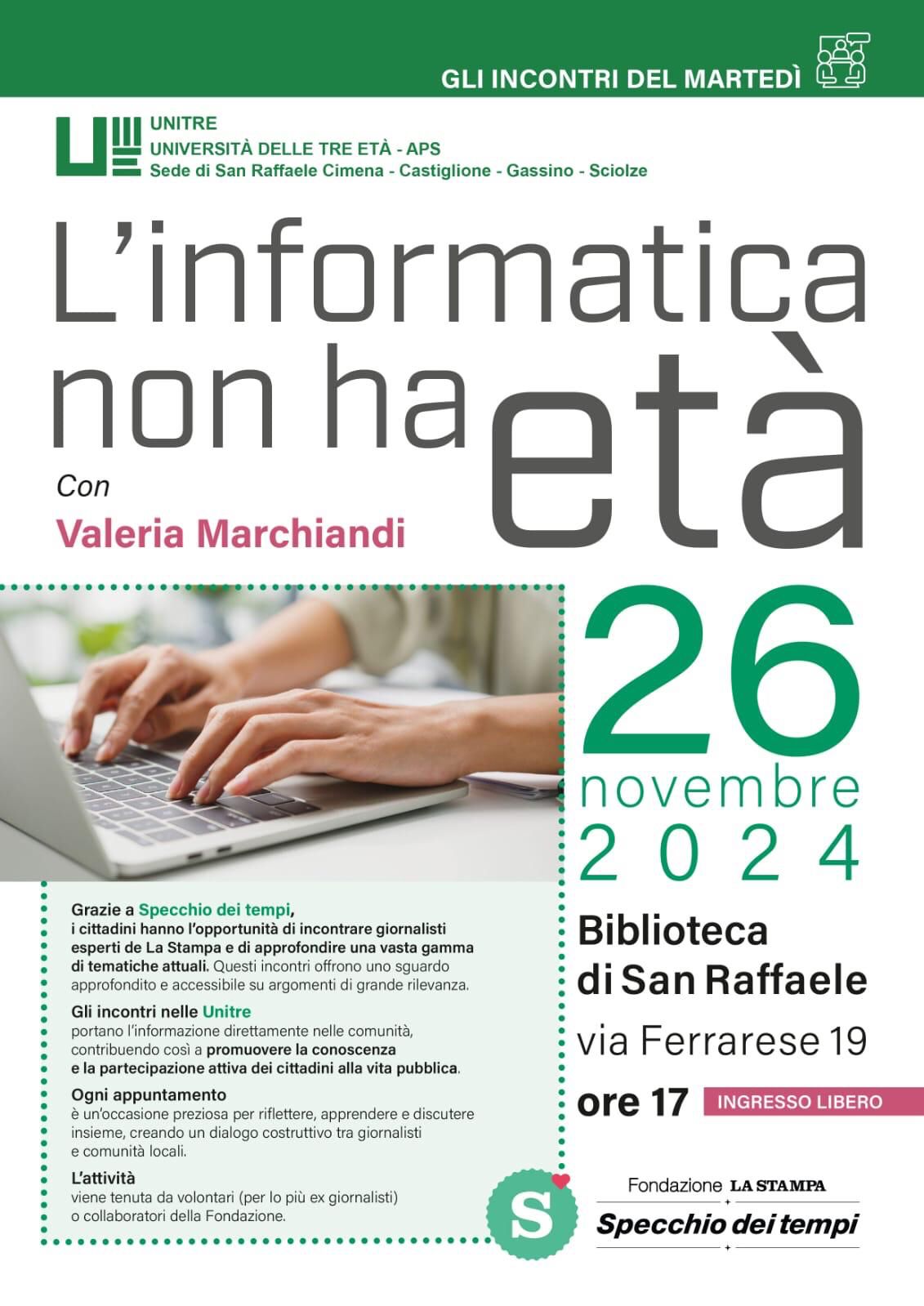 locandina del corso "L'informatica non ha età" con Valeria Marchiandi